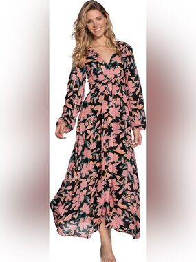 Maaji Love Vine kimono long sleeve button up floral maxi dress Size Small